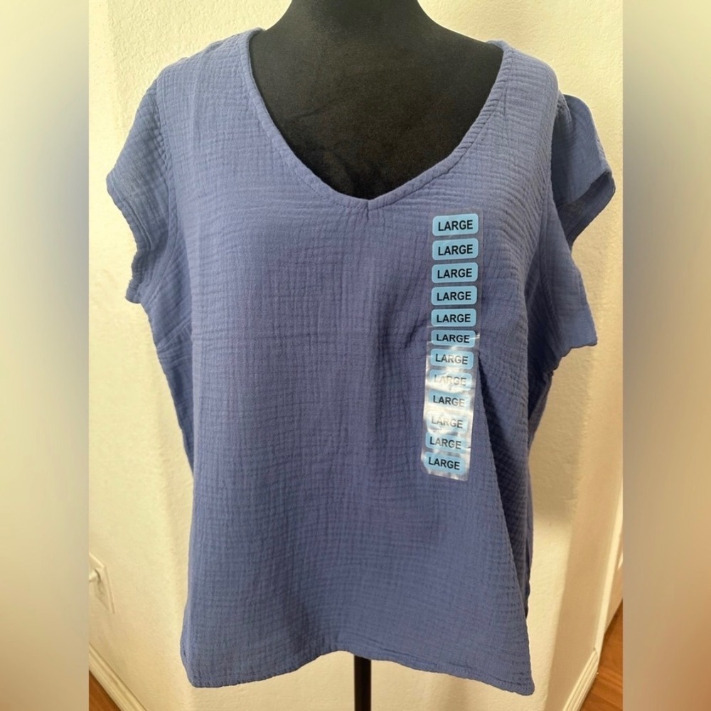 Three Dots Blue Cotton Double Gauze V-Neck Cap Sleeve Top Large NWT